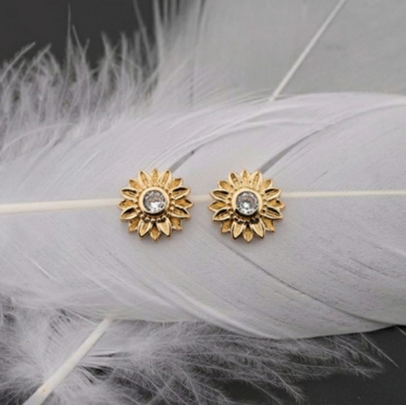 Sunflower Cubic Zirconia Stud Earrings - Picture 3 of 4